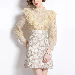 BURRYCO Gold Ruffle Lace Sequin Metallic Fit & Flare Jacquard Mini Dress 6/S